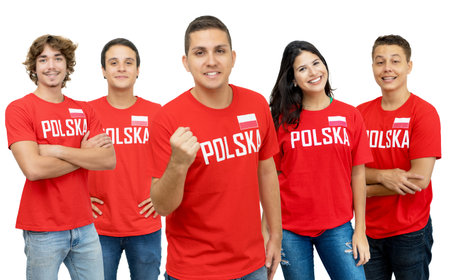 Happy football fan from Poland with group of polish supporters isolated on white background for cut outの写真素材