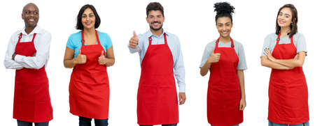 Waiters and waitresses and clerks - Group of laughing latin american and african and caucasian workers isolated on white background for cut outの写真素材