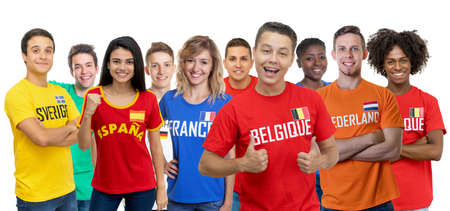 Happy football fan from Belgium with large group of european soccer supporters from Sweden, Holland, Spain and Franceの写真素材