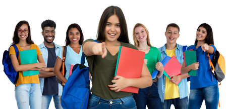 Young spanish female student with group of international students isolated on white background for cut outの写真素材