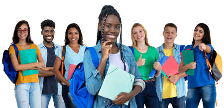 Laughing afro american female student with group of international students isolated on white background for cut outの写真素材