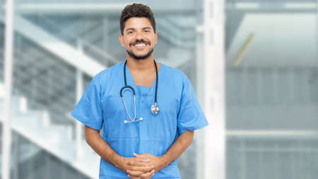 Hispanic male nurse with beard at clinicの写真素材