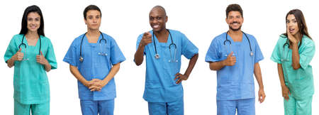 Optimistic doctors and nurses - Group of latin american and african and caucasian healthcare workers isolated on white background for cut outの写真素材