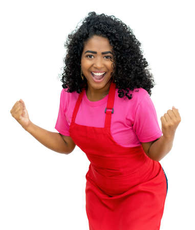 Cheering brazilian waitress with red apron isolated on white background for cut outの写真素材