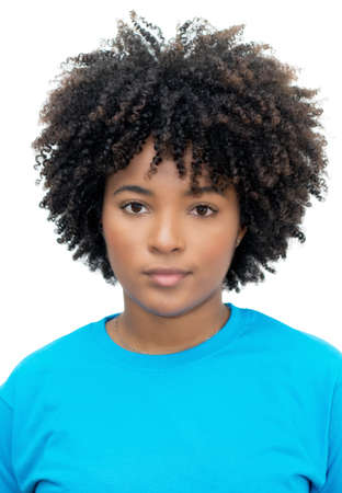 Passport photo of serious african american young adult woman isolated on white background for cut outの写真素材