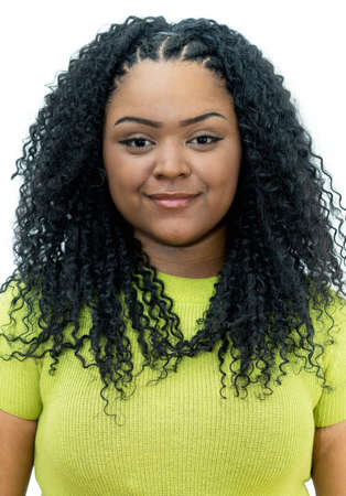 Passport photo of corpulent african american young adult woman isolated on white background for cut outの写真素材