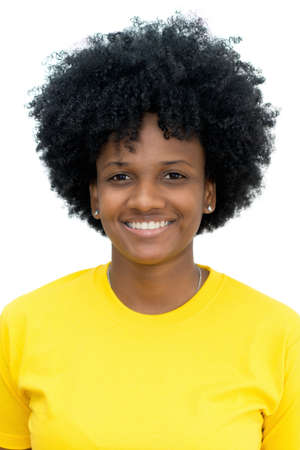 Passport photo of laughing african american young adult woman isolated on white background for cut outの写真素材