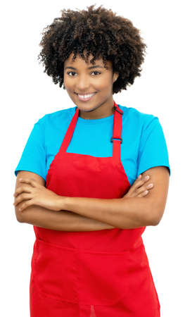 Laughing african american clerk or waitress isolated on white background for cut outの写真素材