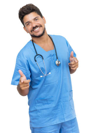 Motivated mexican male nurse at work isolated on white background for cut outの写真素材