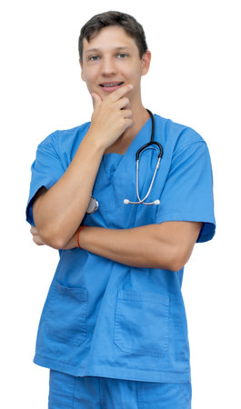 Handsome caucasian male nurse or doctor isolated on white background for cut outの写真素材