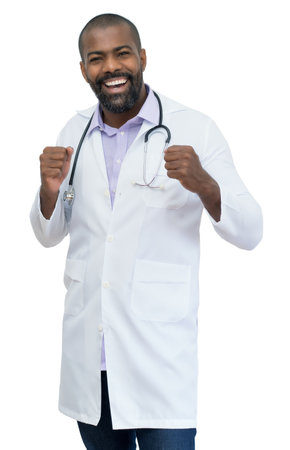 Happy african american mature doctor with beard isolated on white background for cut outの写真素材