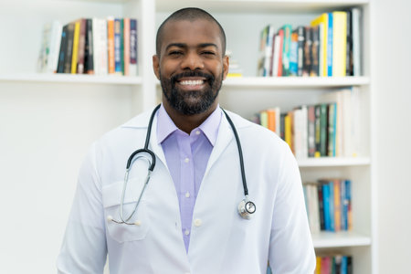 Portrait of black mature adult doctor at office of hospitalの写真素材