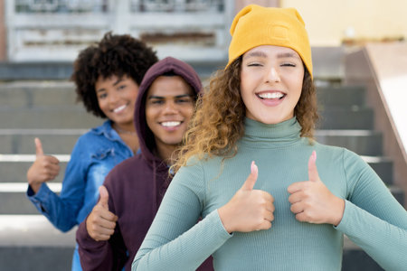 Happy caucasian woman with african american and hispanic friends in a row outdoor in cityの写真素材