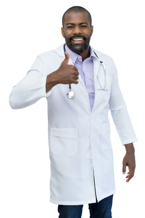 Optimistic african american mature doctor with beard isolated on white background for cut outの写真素材