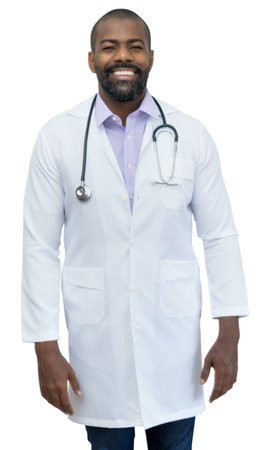 Positive african american mature doctor with beard isolated on white background for cut outの写真素材