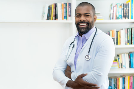 Black mature adult doctor with copy space at office of hospitalの写真素材