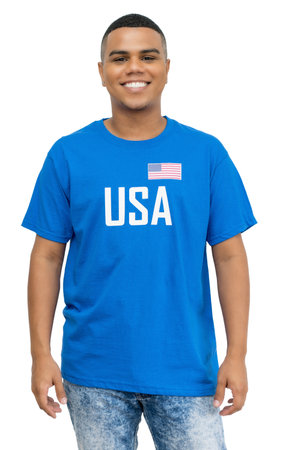 Laughing soccer supporter from USA isolated on white background for cut outの写真素材