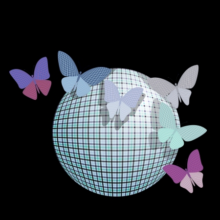 group of butterflies near the ball on a black backgroundのイラスト素材