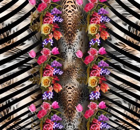 flower mix leopard pattern backgroundの写真素材