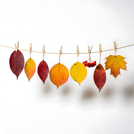 Hanging showing title: a collection of colorful autumn leaves hanging on a string with wooden clothespins. resolution use. Clear details and vibrant colors enhance visual appeal.の写真素材