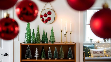 Festive showing festive christmas decoration display with green trees red ornaments and candles. resolution use. Clear details and vibrant colors enhance visual appeal. Festive, Christmas, decoration.の写真素材