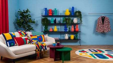 Bright showing bright colorful living room with blue wall white sofa and geometric decor. resolution use. Clear details and vibrant colors enhance visual appeal. Bright, colorful, living.の写真素材