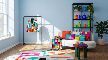 Bright showing bright colorful living room with geometric patterned decor and pastel furniture. resolution use. Clear details and vibrant colors enhance visual appeal. Bright, colorful, living.の写真素材