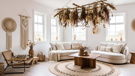 Bright showing bright bohemian living room with neutral tones dried flowers and woven decor. resolution use. Clear details and vibrant colors enhance visual appeal. Bright, bohemian, living.の写真素材