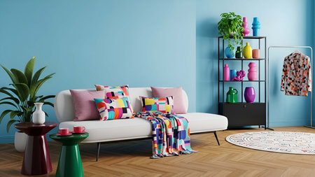 Living room showing bright blue living room with white sectional sofa colorful pillows and decor. resolution use. Clear details and vibrant colors enhance visual appeal. living room, interior blue wall, white sectional sofa.の写真素材