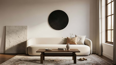 Beige showing beige living room with curved sofa circular wall and wooden coffee table. resolution...