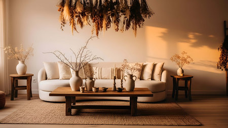 Cozy showing cozy beige living room with curved sofa dried plants and ceramic vases. resolution use. Clear details and vibrant colors enhance visual appeal. Cozy, beige, living.の写真素材