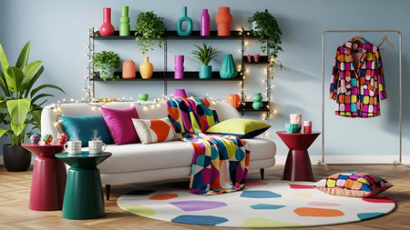 Colorful showing colorful living room interior with checkered sofa blanket and decorative shelves. resolution use. Clear details and vibrant colors enhance visual appeal. Colorful, living, room.の写真素材