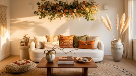 Cozy showing cozy beige living room with curved sofa floral wall hanging and woven decor. Clear details and vibrant colors enhance visual appeal. Cozy, beige, living.の写真素材