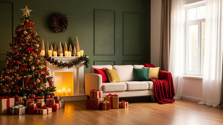 Christmas tree showing cozy living room decorated for christmas with tree presents and fireplace. resolution use. Clear details and vibrant colors enhance visual appeal. christmas tree, holiday decorations, wrapped presents.の写真素材
