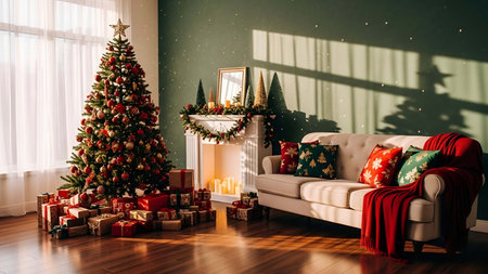 Christmas tree showing cozy living room decorated with christmas tree wrapped gifts and fireplace. resolution use. Clear details and vibrant colors enhance visual appeal. Christmas tree, holiday decorations, wrapped gifts.の写真素材