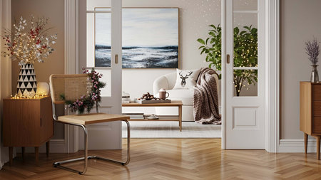 Cozy living room interior with wooden furniture holiday decorations and seascape painting. Clear details and vibrant colors enhance visual appeal.の写真素材