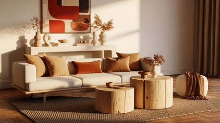 Living room showing cozy living room with beige sofa tree stump tables and earth tone decor. resolution use. Clear details and vibrant colors enhance visual appeal. living room, interior beige sofa, tree stump tables.の写真素材