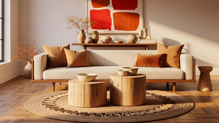 Living room showing cozy living room with beige sofa, rust stools, and natural decor on round rug. Clear details and vibrant colors enhance visual appeal.の写真素材
