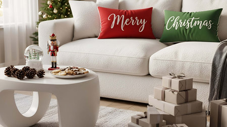 Cozy showing cozy living room with white sofa red and green christmas pillows and gifts. resolution...