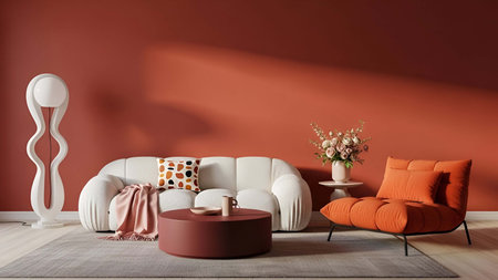 Living room showing cozy living room with white curved sofa red wall and orange armchair. Clear details and vibrant colors enhance visual appeal. living room, interior home decor, white curved sofa.の写真素材