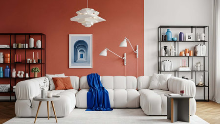 Living room showing cozy living room with white sectional sofa red wall and shelving units....