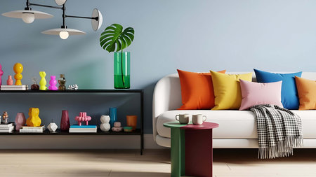 Cozy showing cozy living room with white sofa colorful pillows and decorative shelf. resolution use....