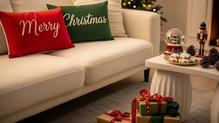 Cozy showing cozy white sofa with merry christmas pillows and holiday decorations 1. resolution use. Clear details and vibrant colors enhance visual appeal. Cozy, white, sofa.の写真素材