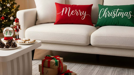 Cozy showing cozy white sofa with merry christmas pillows and holiday decorations. resolution use....