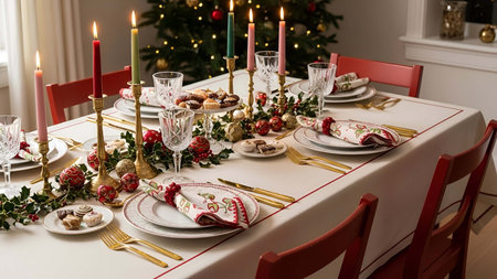 Festive showing festive christmas dinner table setting with candles plates and decorations....