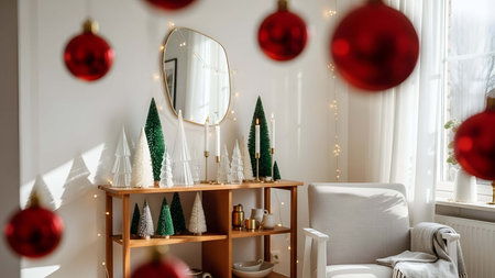 Indoor showing festive indoor christmas decoration with green trees red baubles and candles. resolution use. Clear details and vibrant colors enhance visual appeal. indoor, Christmas, holiday.の写真素材