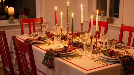 Festive showing festive holiday dinner table setting with candles wine glasses and red chairs. resolution use. Clear details and vibrant colors enhance visual appeal. Festive, holiday, dinner.の写真素材