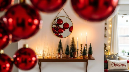 Christmas showing festive christmas mantle decor with red ornaments small trees and candles. resolution use. Clear details and vibrant colors enhance visual appeal. christmas, holiday, decor.の写真素材