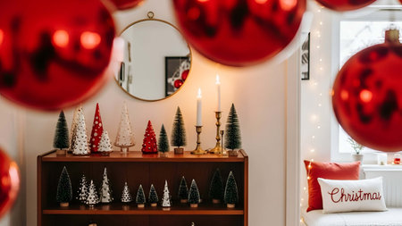 Christmas decorations showing festive christmas sideboard with red and white mini trees and decorations. resolution use. Clear details and vibrant colors enhance visual appeal. christmas decorations, holiday decor, festive interior.の写真素材
