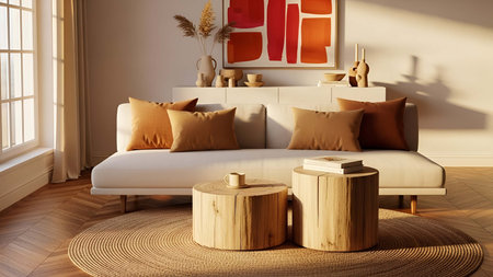 Living room showing light beige sofa with rust cushions and wooden stump tables in cozy living room. Clear details and vibrant colors enhance visual appeal. living room, interior sofa, light beige sofa.の写真素材